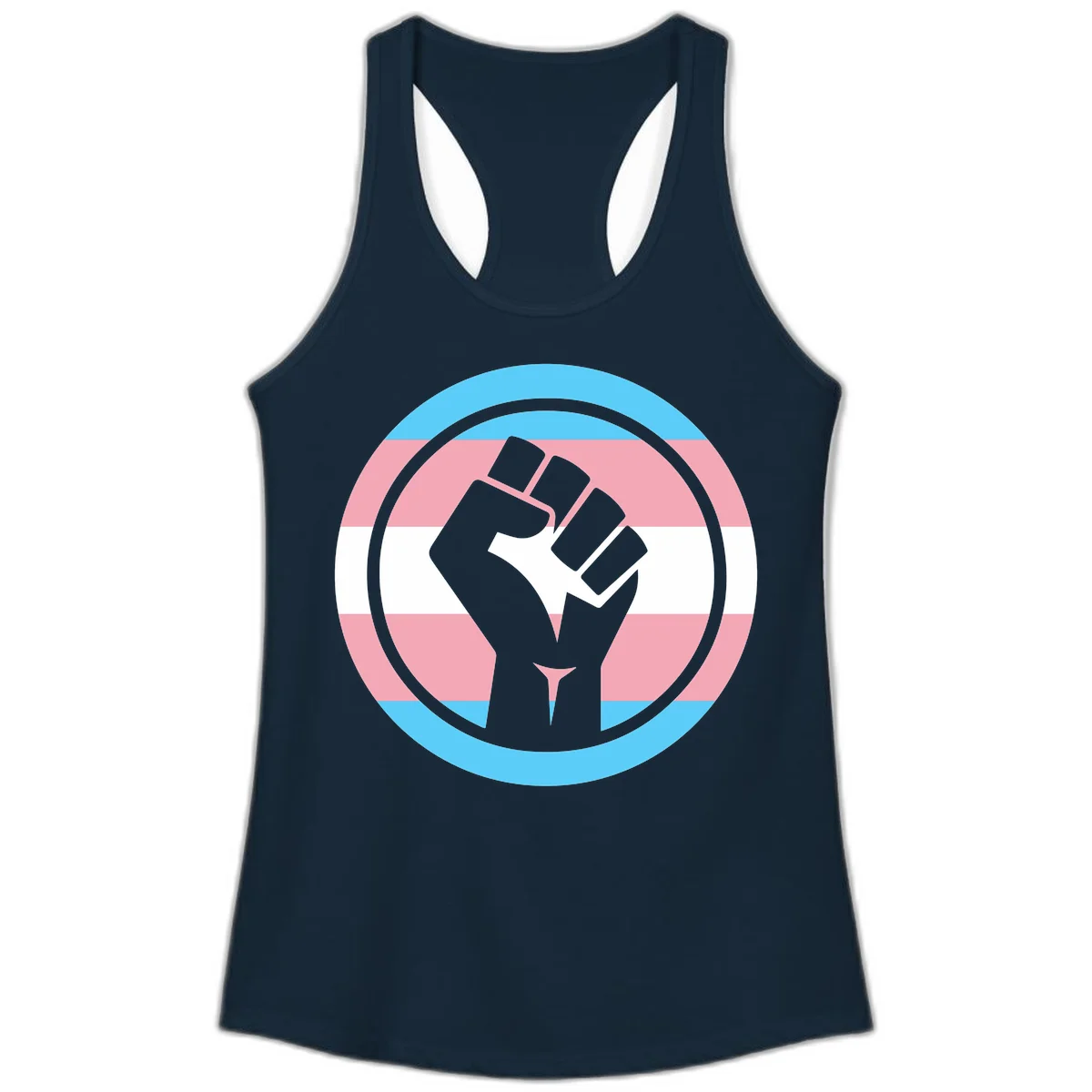 Gray raised fist inside circular badge with trans pride flag stripes in cyan, pink, and white horizontal bands in Solid Midnight Navy