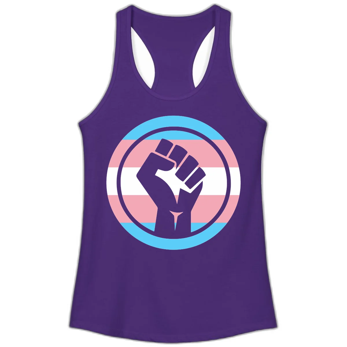 Gray raised fist inside circular badge with trans pride flag stripes in cyan, pink, and white horizontal bands in Solid Purple Rush