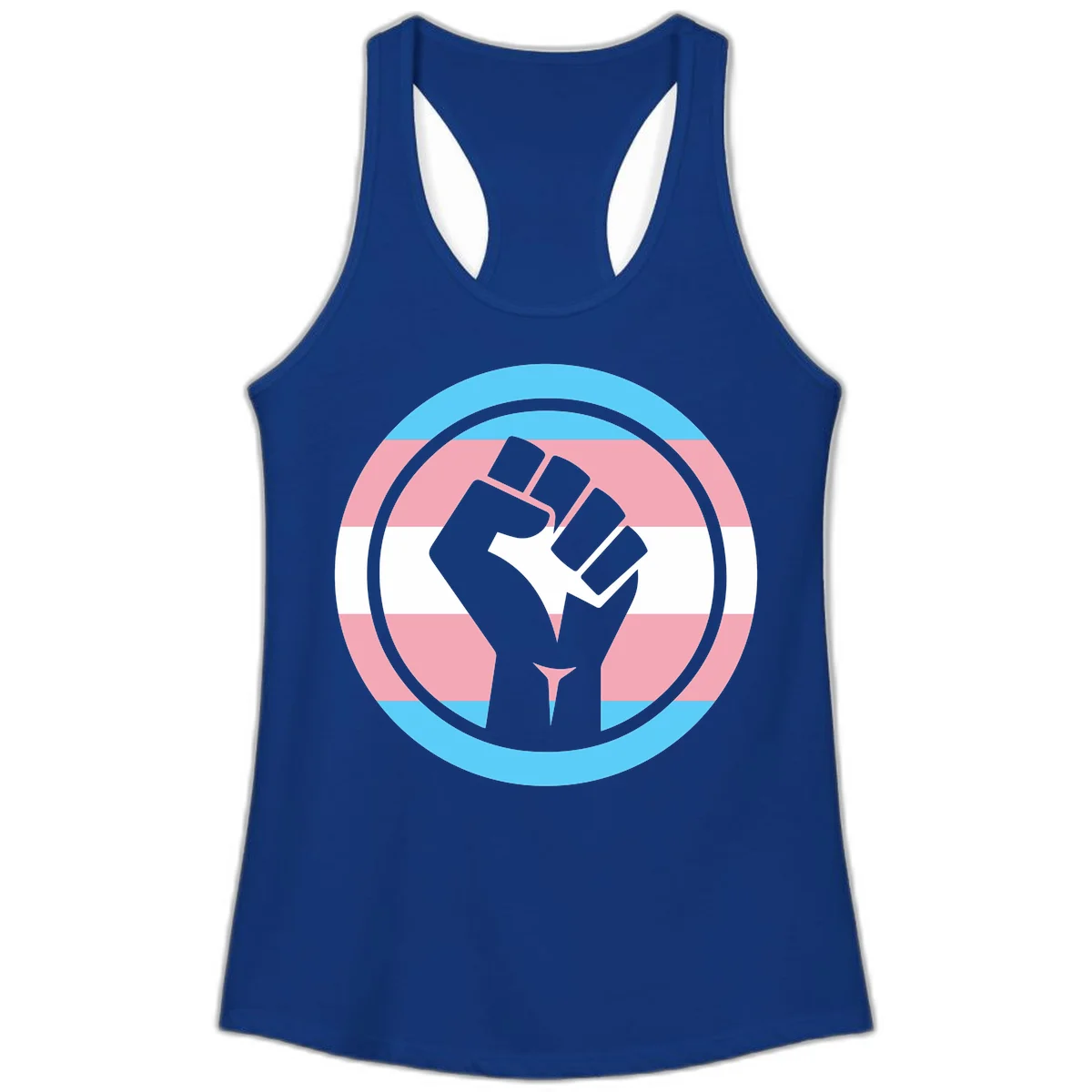 Gray raised fist inside circular badge with trans pride flag stripes in cyan, pink, and white horizontal bands in Solid Royal