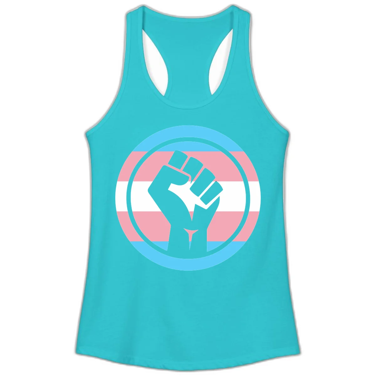 Gray raised fist inside circular badge with trans pride flag stripes in cyan, pink, and white horizontal bands in Solid Tahiti Blue