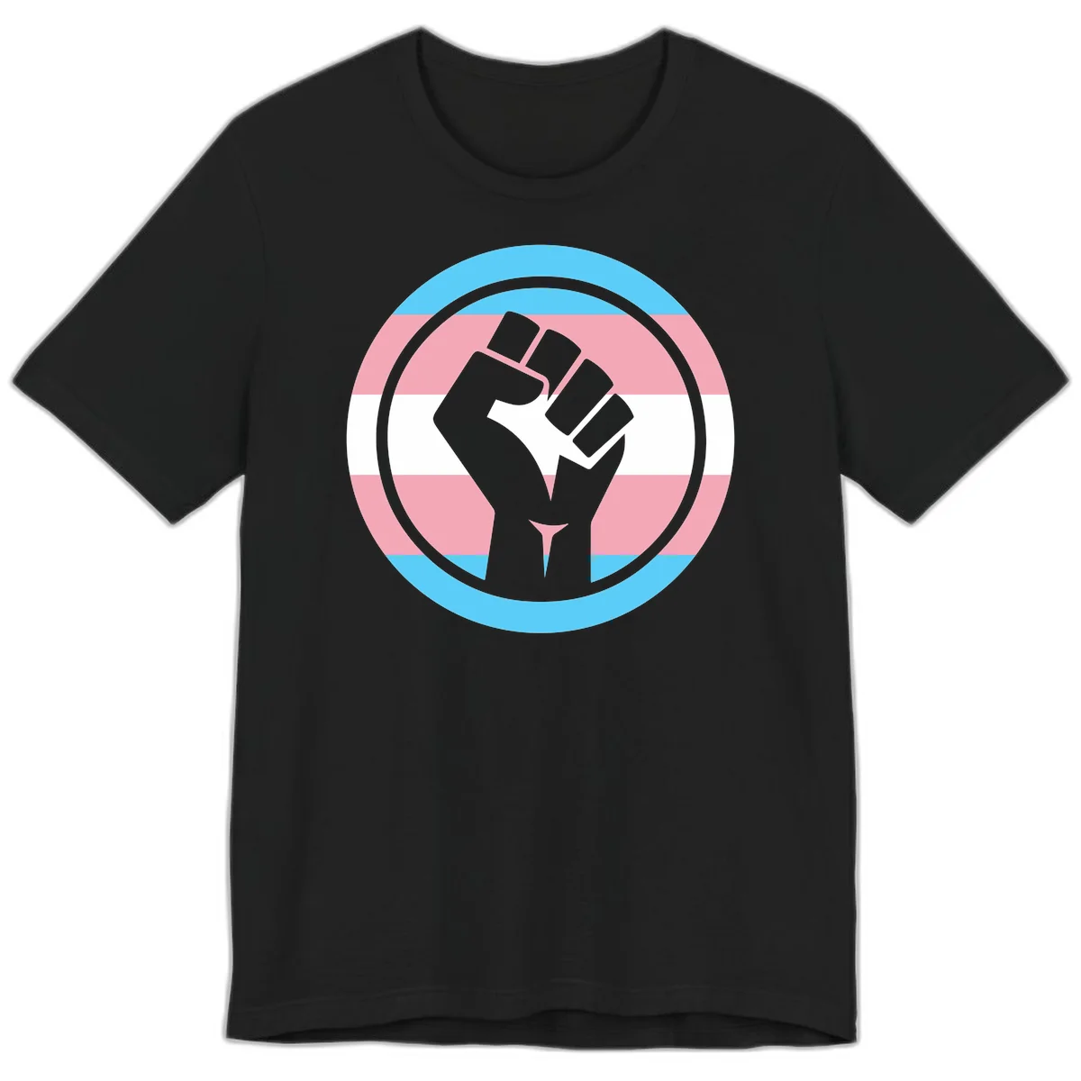 Gray raised fist inside circular badge with trans pride flag stripes in cyan, pink, and white horizontal bands in Black