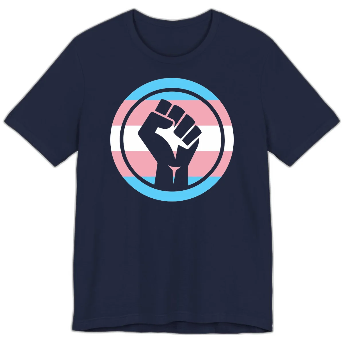 Gray raised fist inside circular badge with trans pride flag stripes in cyan, pink, and white horizontal bands in Navy