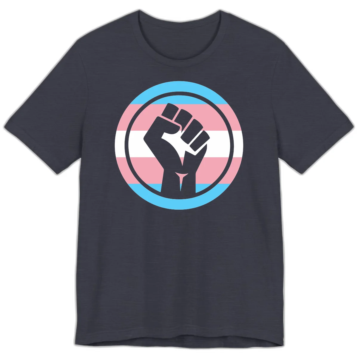 Gray raised fist inside circular badge with trans pride flag stripes in cyan, pink, and white horizontal bands in Heather Midnight Navy