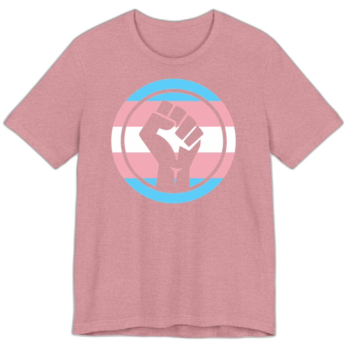 Gray raised fist inside circular badge with trans pride flag stripes in cyan, pink, and white horizontal bands in Heather Orchid
