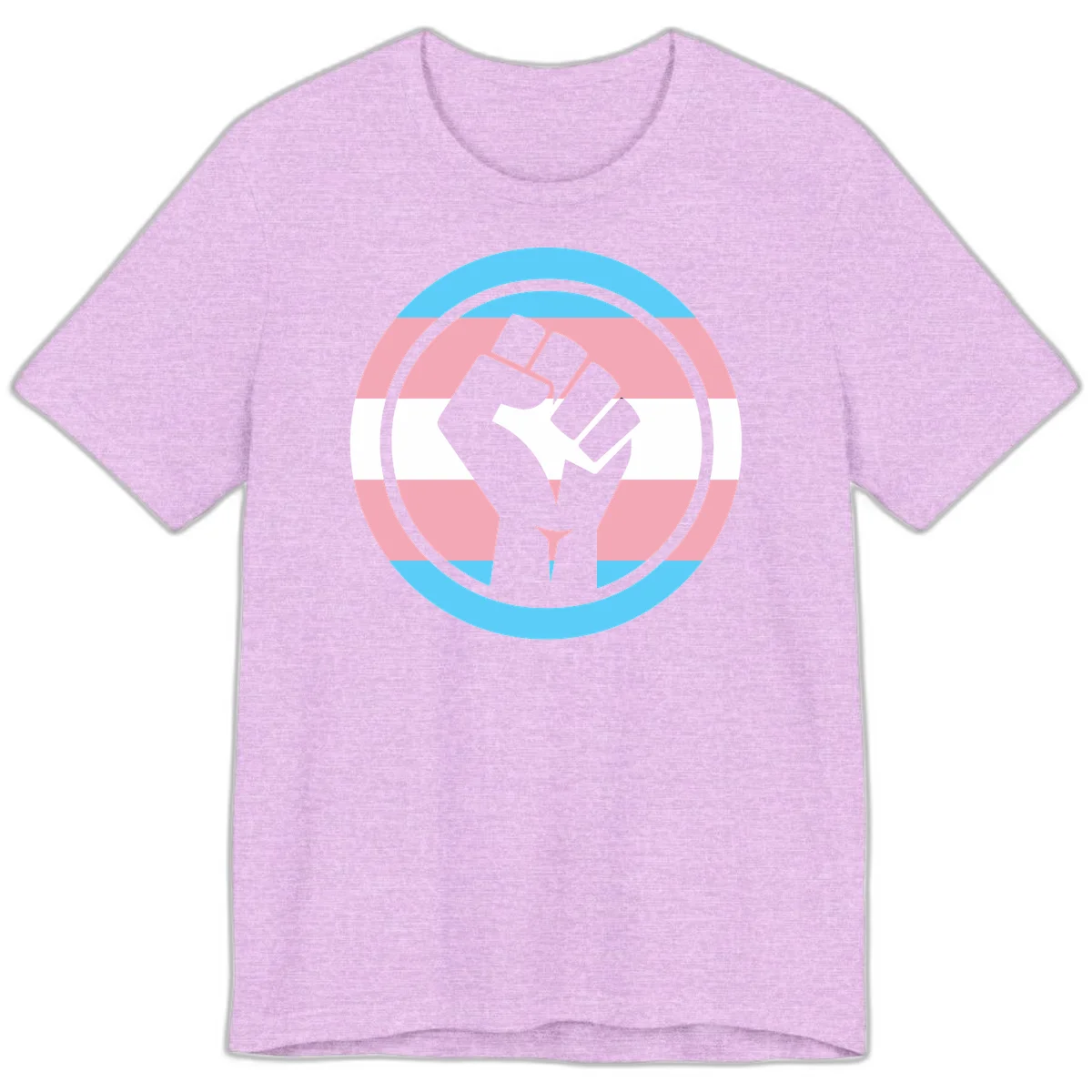 Gray raised fist inside circular badge with trans pride flag stripes in cyan, pink, and white horizontal bands in Heather Prism Lilac