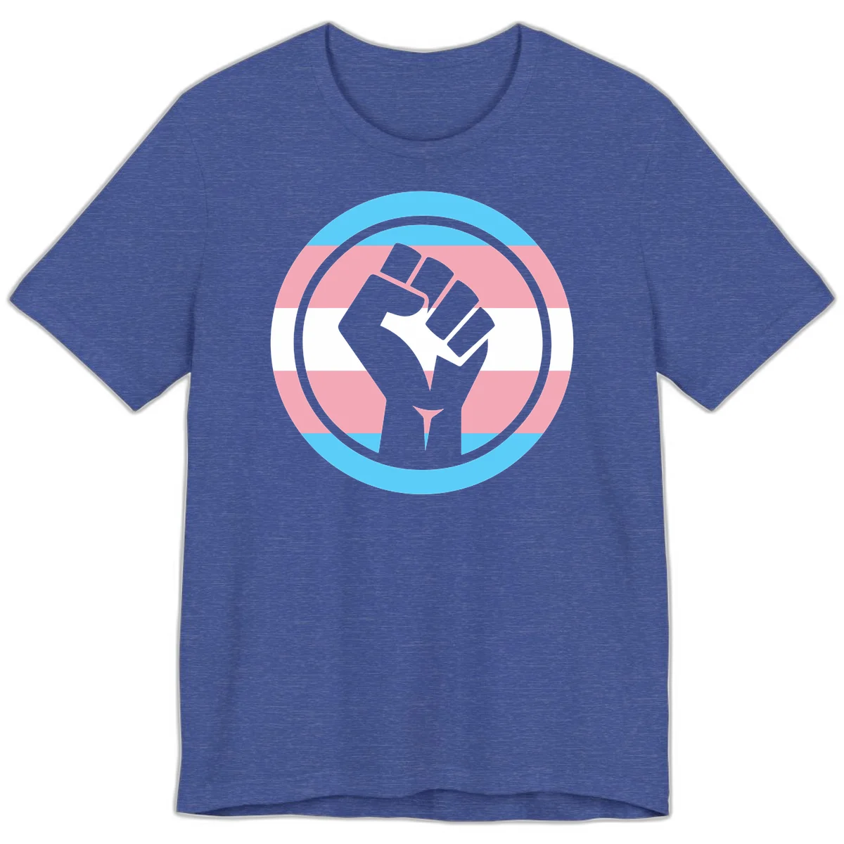 Gray raised fist inside circular badge with trans pride flag stripes in cyan, pink, and white horizontal bands in Heather True Royal