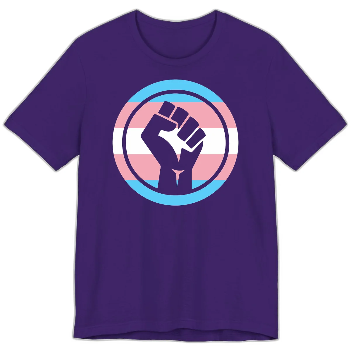 Gray raised fist inside circular badge with trans pride flag stripes in cyan, pink, and white horizontal bands in Team Purple