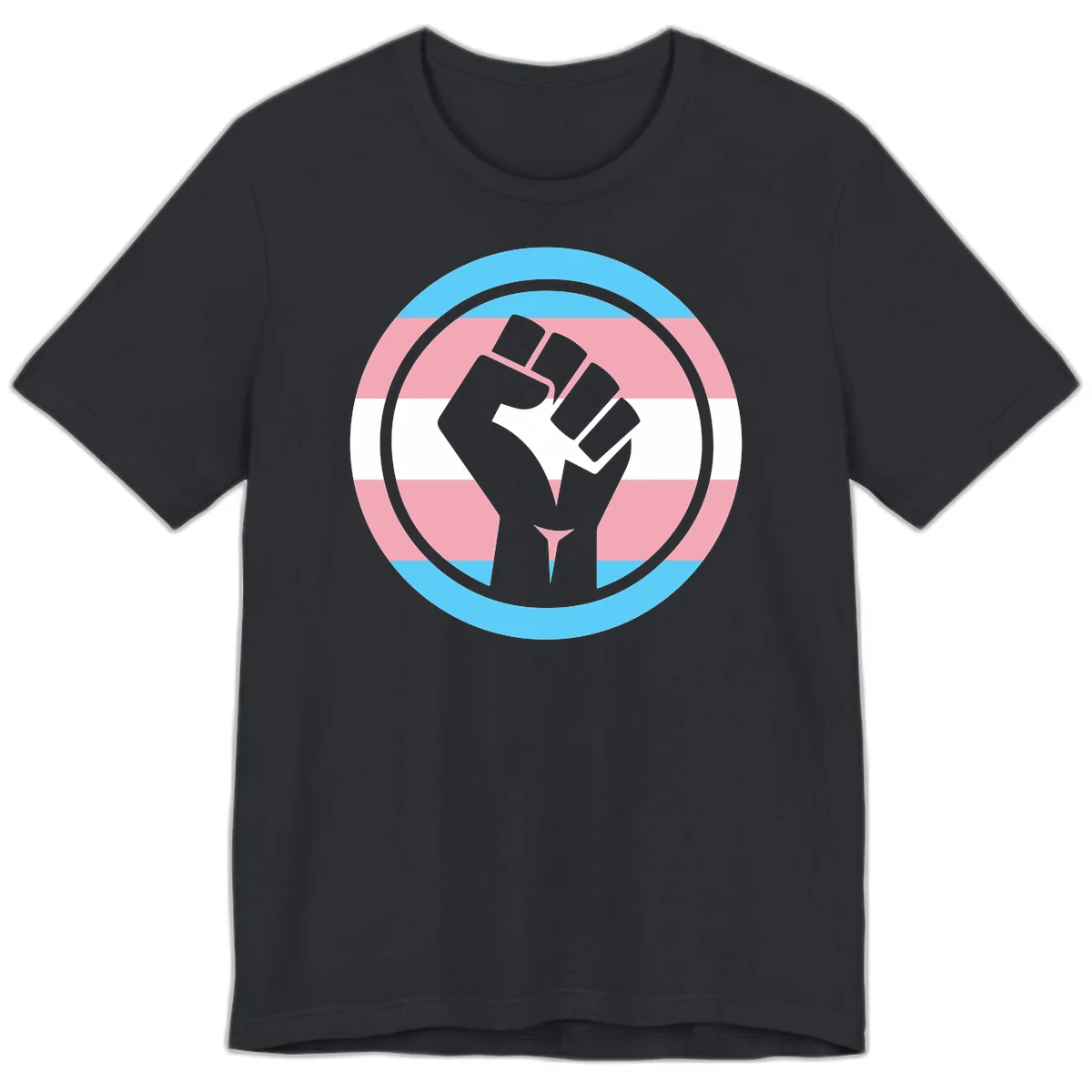 Gray raised fist inside circular badge with trans pride flag stripes in cyan, pink, and white horizontal bands in Vintage Black