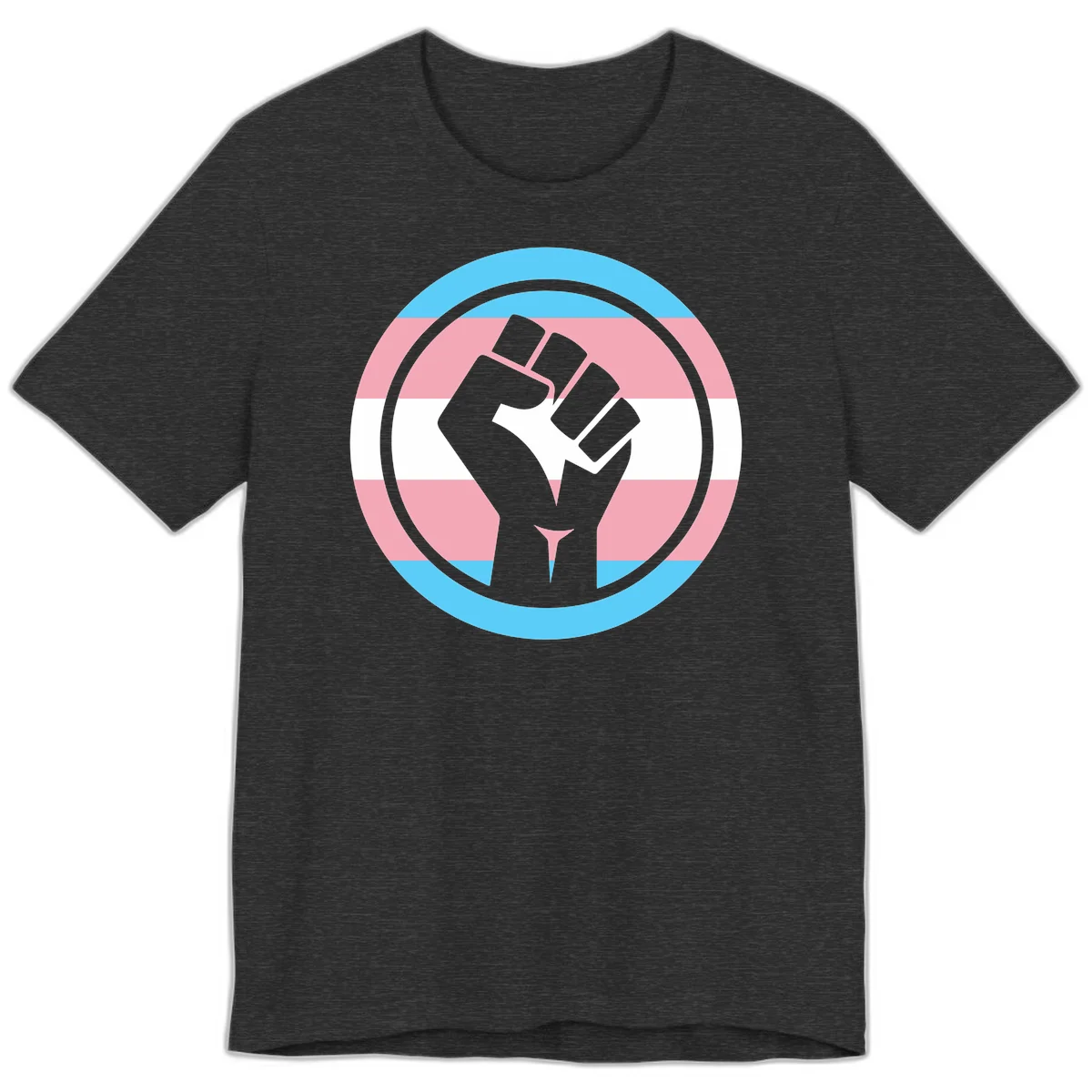 Gray raised fist inside circular badge with trans pride flag stripes in cyan, pink, and white horizontal bands in Dark Grey Heather