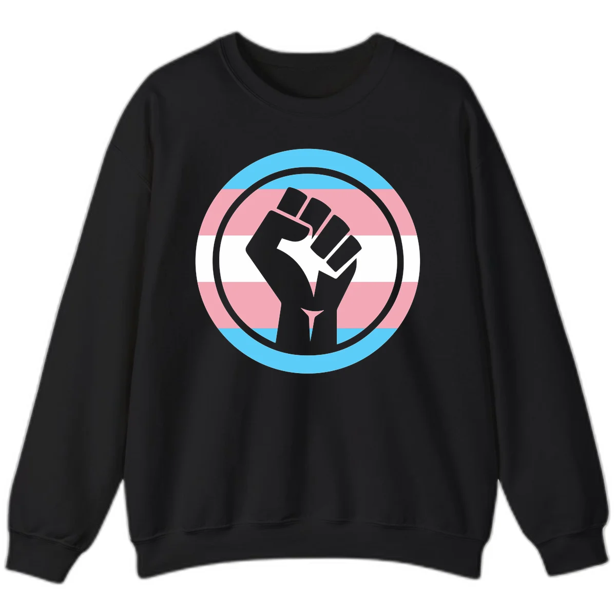 Gray raised fist inside circular badge with trans pride flag stripes in cyan, pink, and white horizontal bands in Black