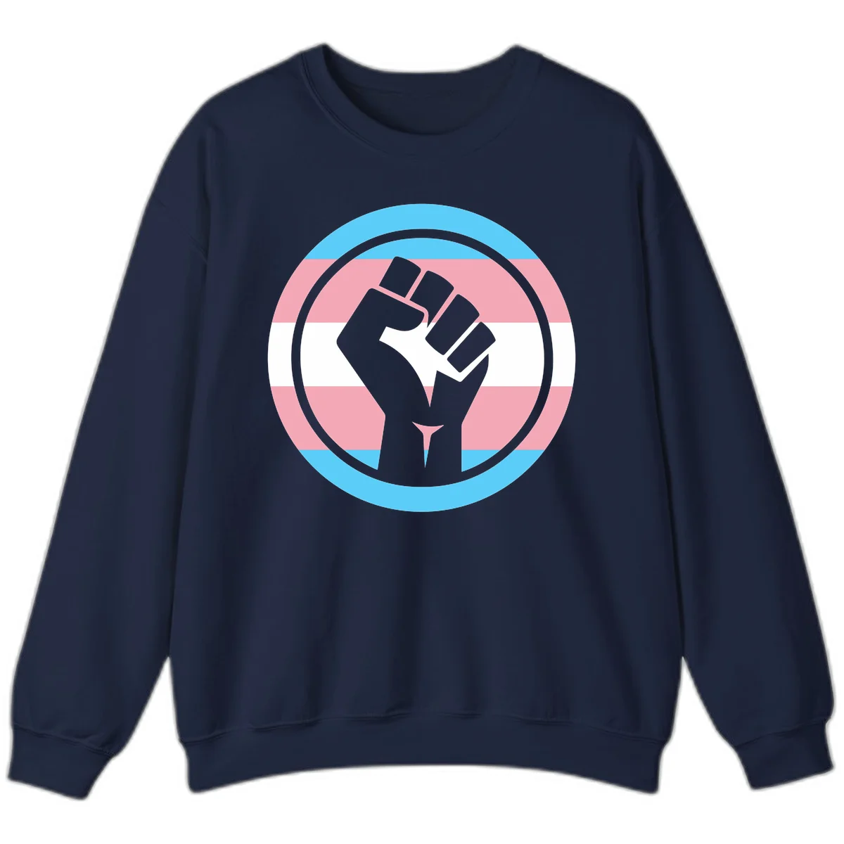 Gray raised fist inside circular badge with trans pride flag stripes in cyan, pink, and white horizontal bands in Navy