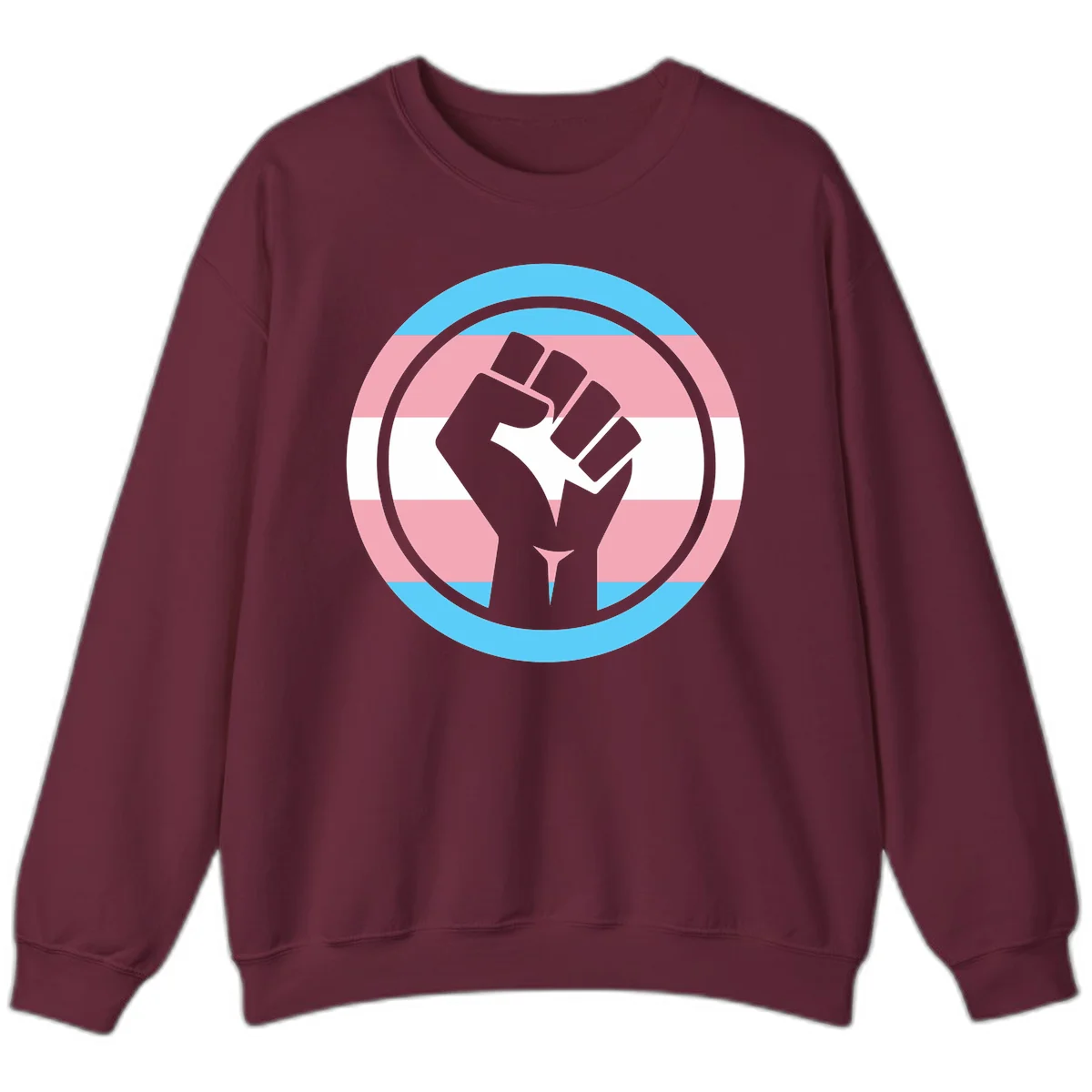 Gray raised fist inside circular badge with trans pride flag stripes in cyan, pink, and white horizontal bands in Maroon