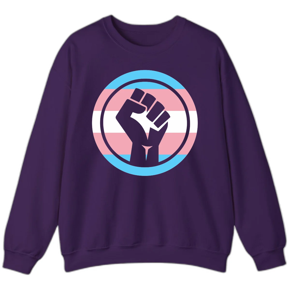Gray raised fist inside circular badge with trans pride flag stripes in cyan, pink, and white horizontal bands in Purple