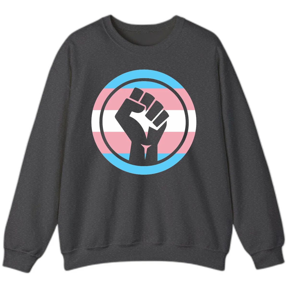 Gray raised fist inside circular badge with trans pride flag stripes in cyan, pink, and white horizontal bands in Dark Heather