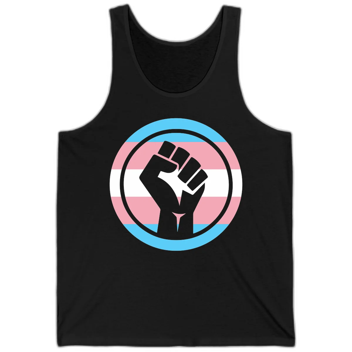 Gray raised fist inside circular badge with trans pride flag stripes in cyan, pink, and white horizontal bands in Black