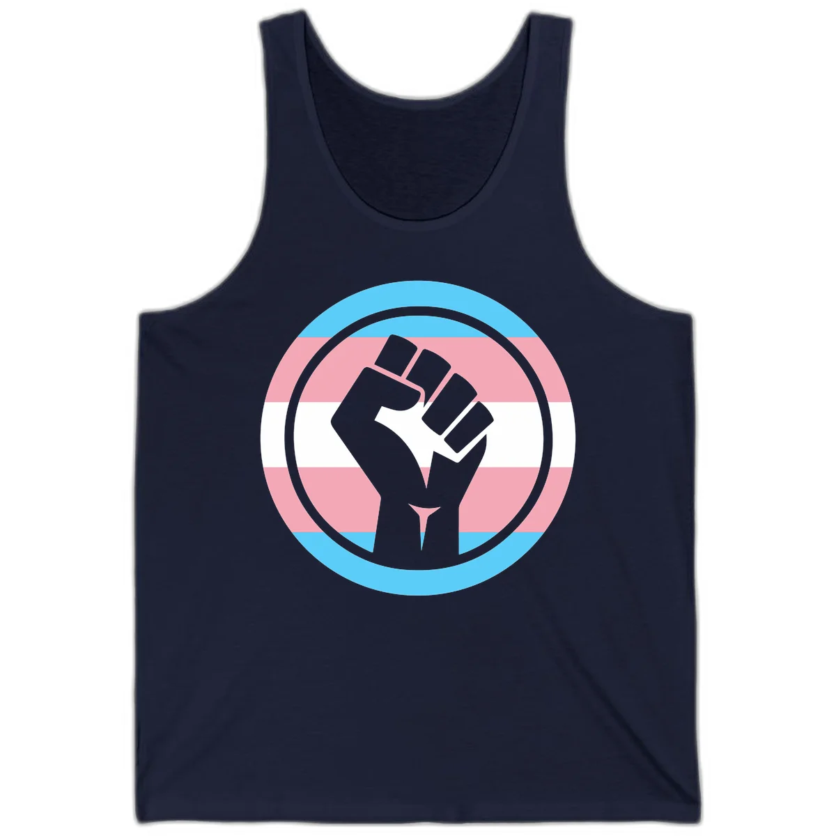 Gray raised fist inside circular badge with trans pride flag stripes in cyan, pink, and white horizontal bands in Navy