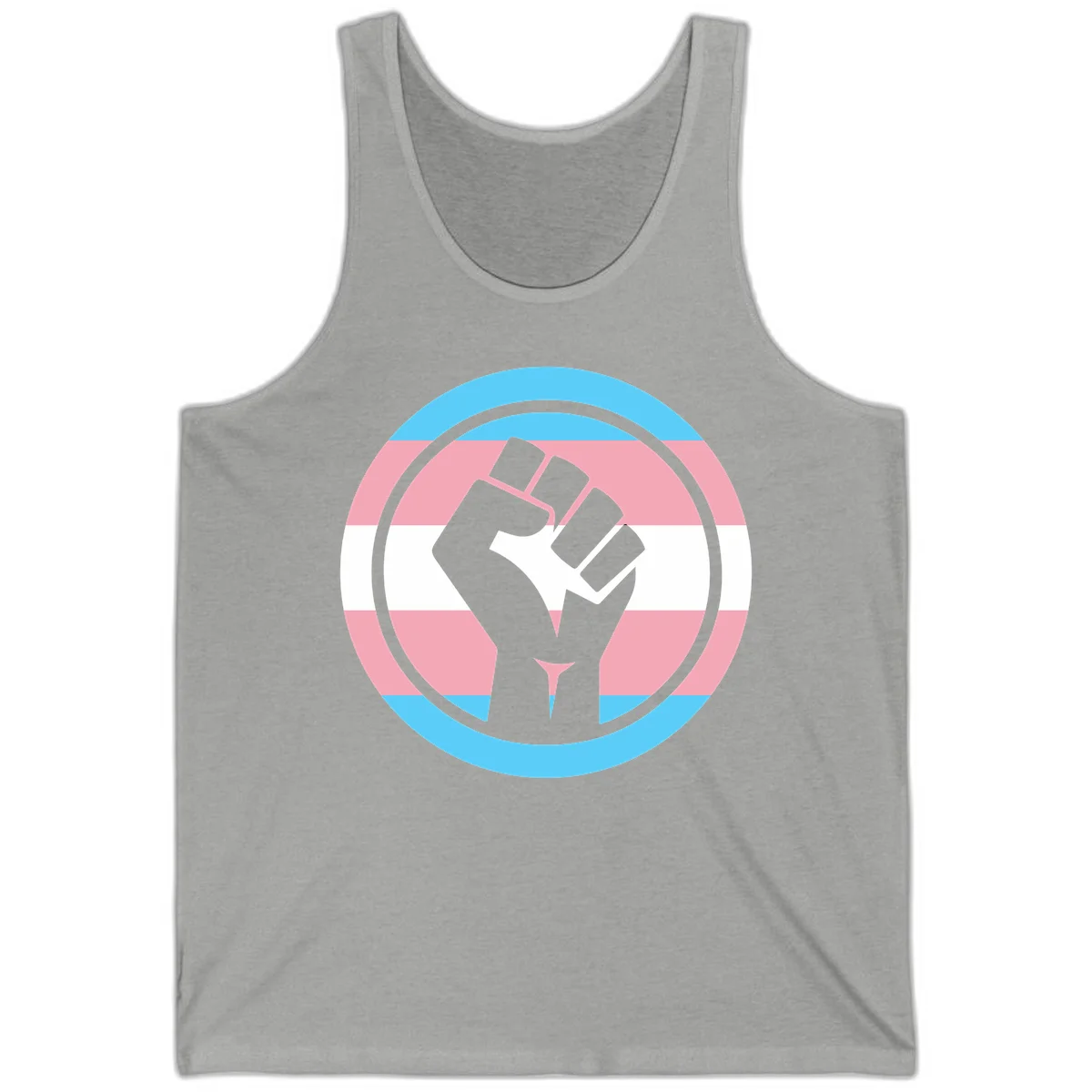 Gray raised fist inside circular badge with trans pride flag stripes in cyan, pink, and white horizontal bands in Athletic Heather