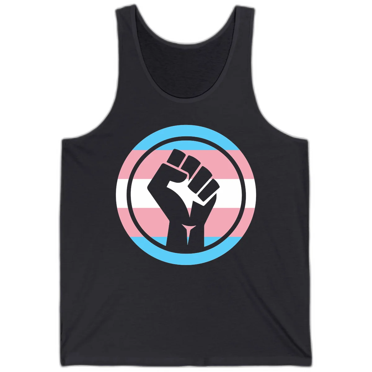 Gray raised fist inside circular badge with trans pride flag stripes in cyan, pink, and white horizontal bands in Dark Grey