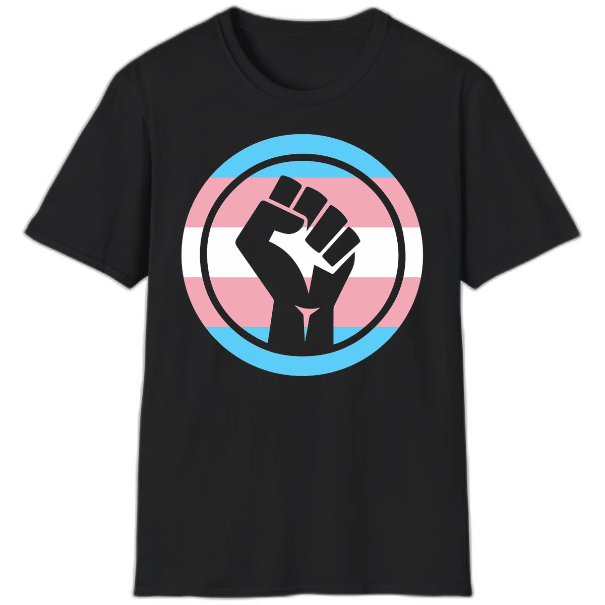 Gray raised fist inside circular badge with trans pride flag stripes in cyan, pink, and white horizontal bands in Black