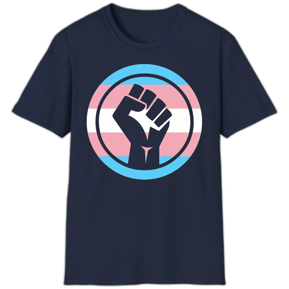 Gray raised fist inside circular badge with trans pride flag stripes in cyan, pink, and white horizontal bands in Navy