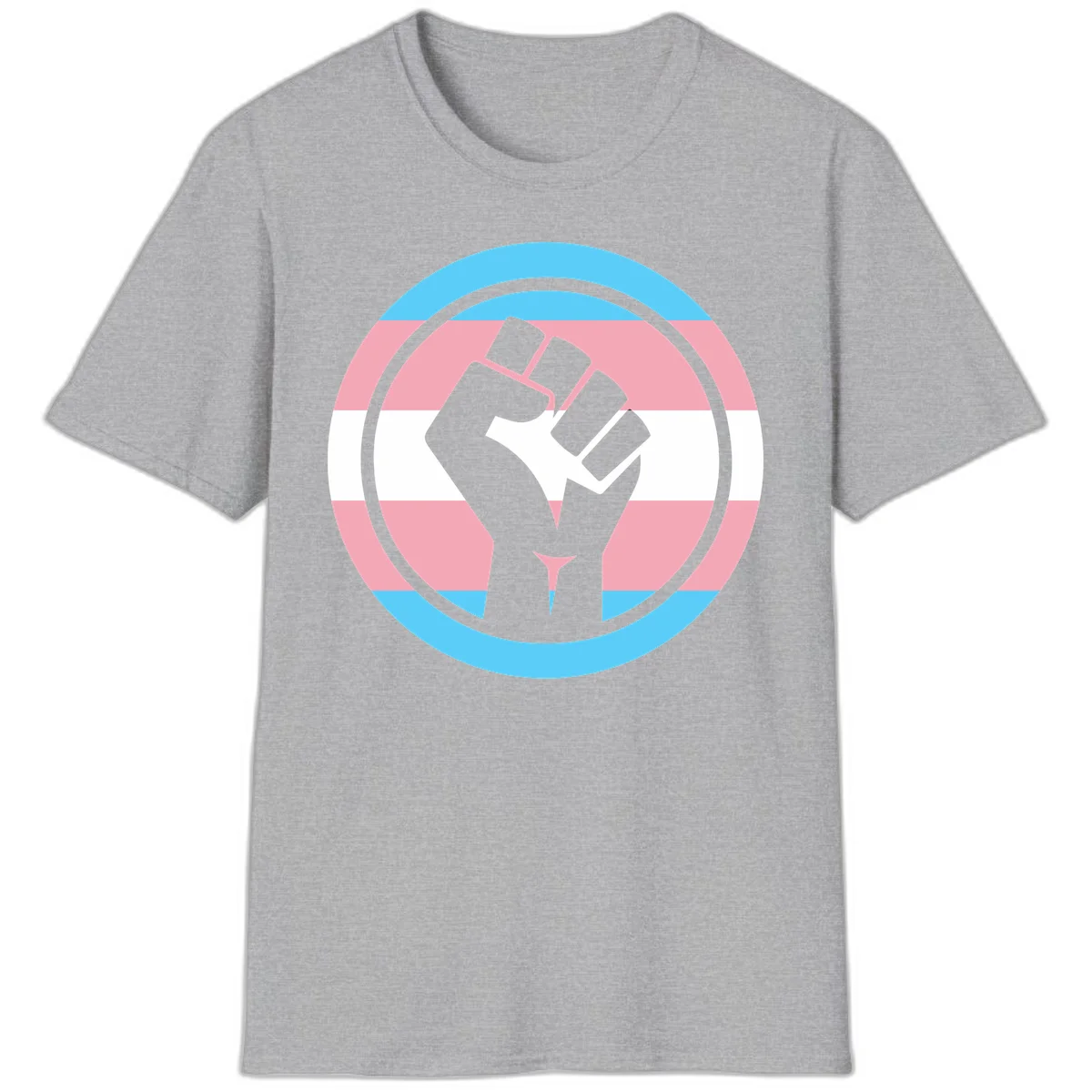 Gray raised fist inside circular badge with trans pride flag stripes in cyan, pink, and white horizontal bands in Sport Grey