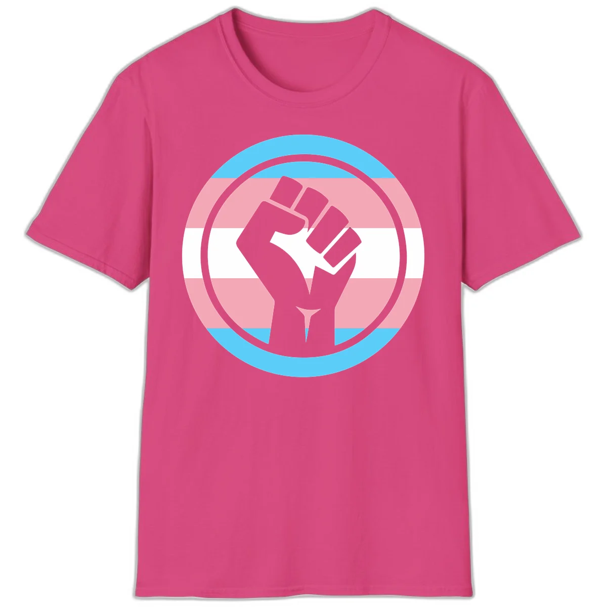 Gray raised fist inside circular badge with trans pride flag stripes in cyan, pink, and white horizontal bands in Heliconia