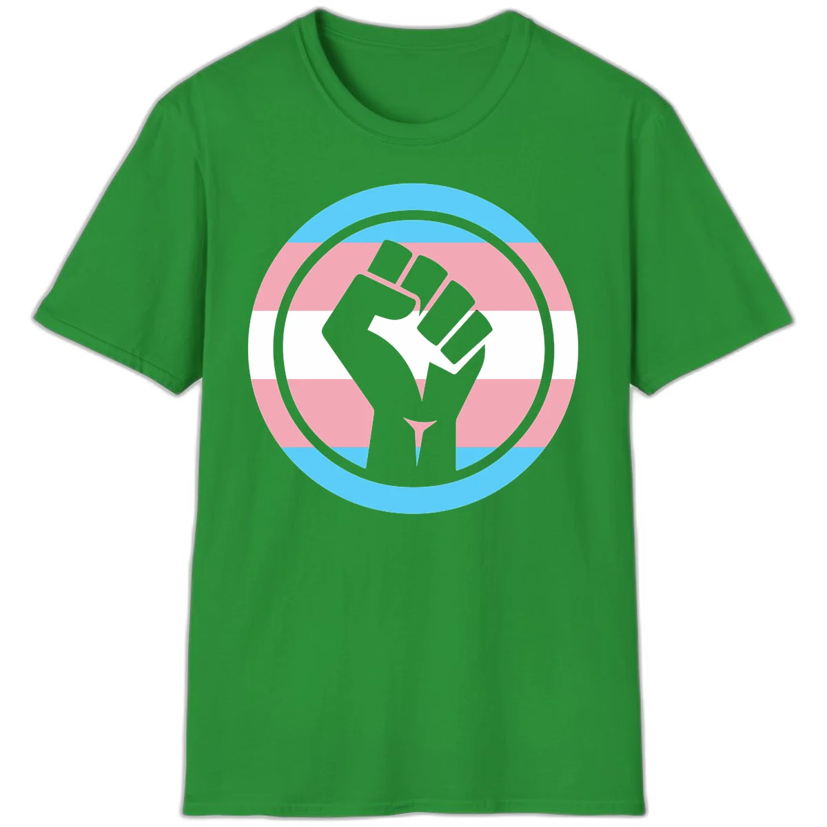 Gray raised fist inside circular badge with trans pride flag stripes in cyan, pink, and white horizontal bands in Irish Green