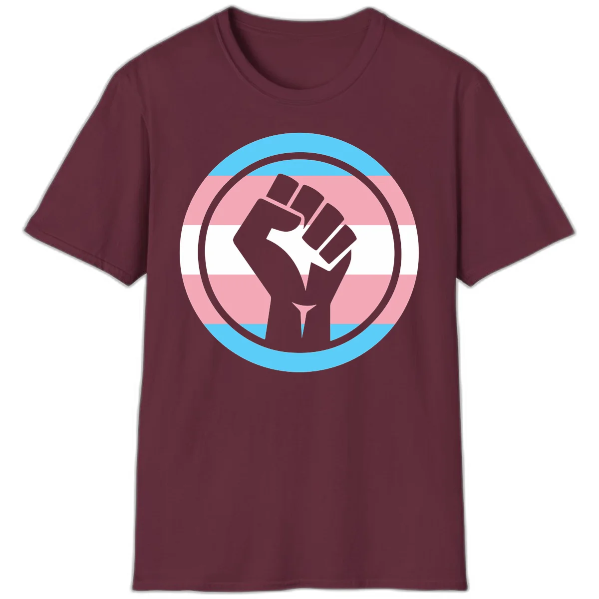 Gray raised fist inside circular badge with trans pride flag stripes in cyan, pink, and white horizontal bands in Maroon
