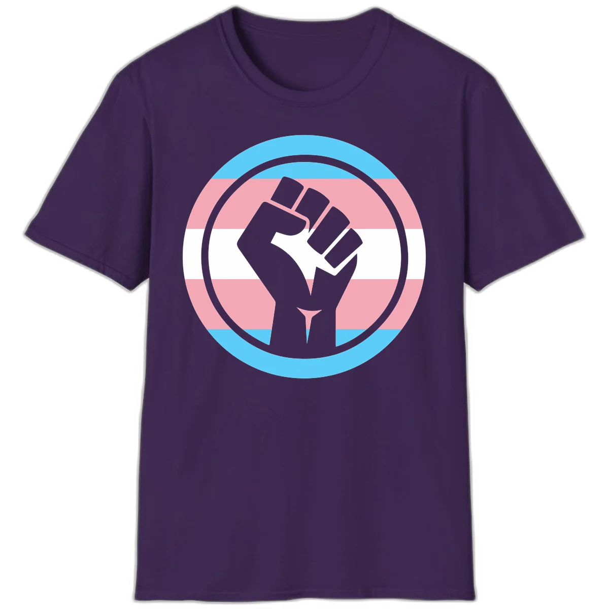 Gray raised fist inside circular badge with trans pride flag stripes in cyan, pink, and white horizontal bands in Purple