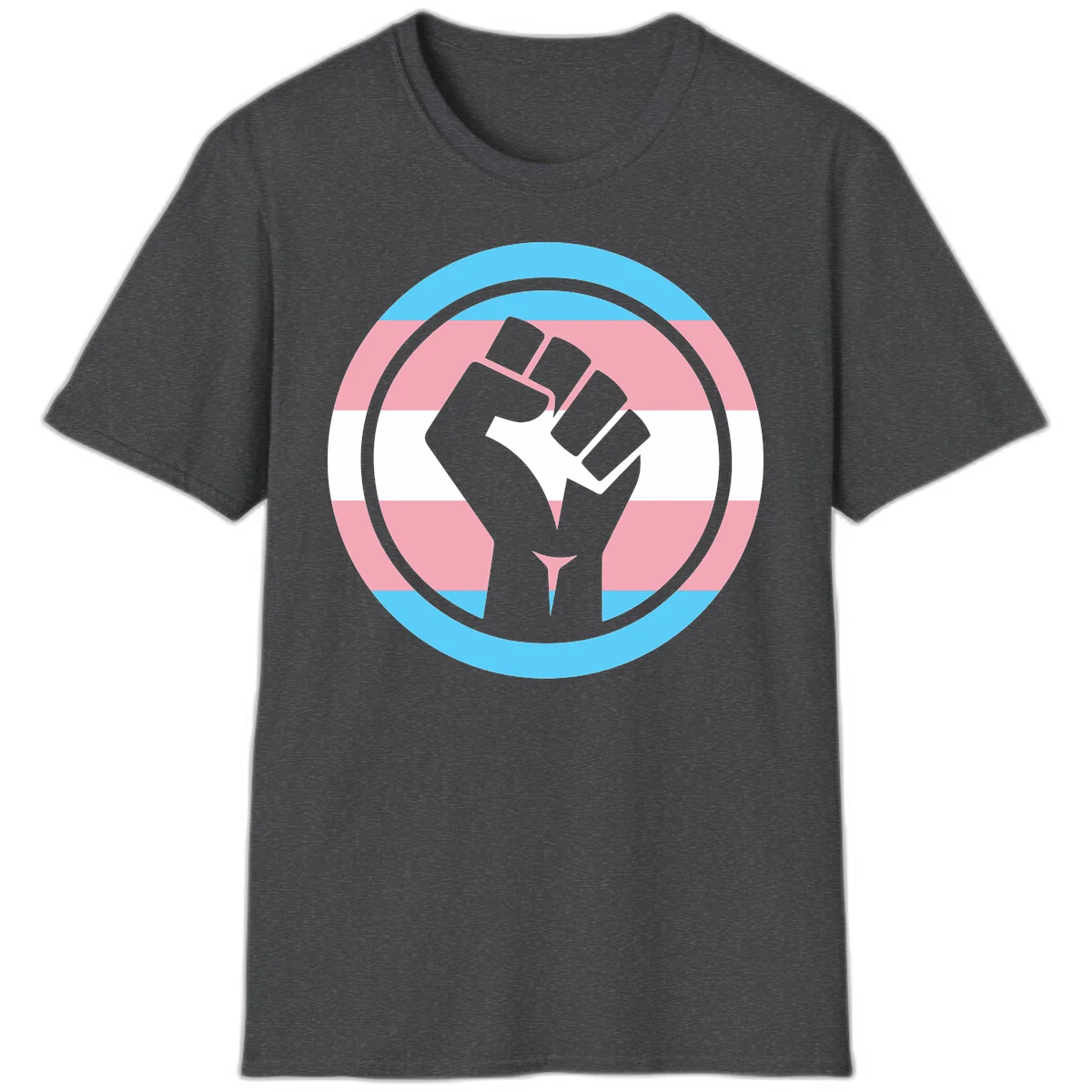 Gray raised fist inside circular badge with trans pride flag stripes in cyan, pink, and white horizontal bands in Dark Heather