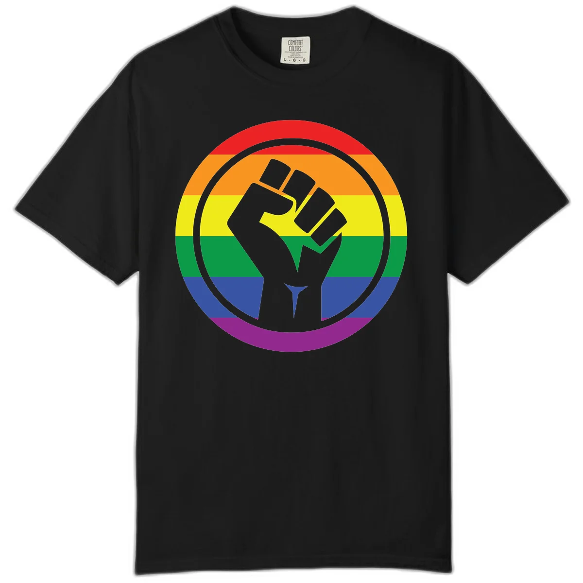 Raised fist silhouette on rainbow pride stripes within circular badge design symbolizing LGBTQ+ solidarity and activism in Black