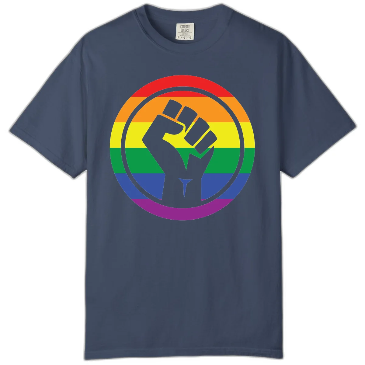 Raised fist silhouette on rainbow pride stripes within circular badge design symbolizing LGBTQ+ solidarity and activism in Midnight