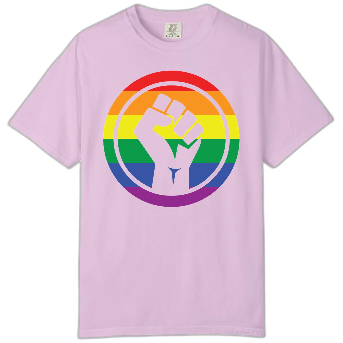 Raised fist silhouette on rainbow pride stripes within circular badge design symbolizing LGBTQ+ solidarity and activism in Orchid