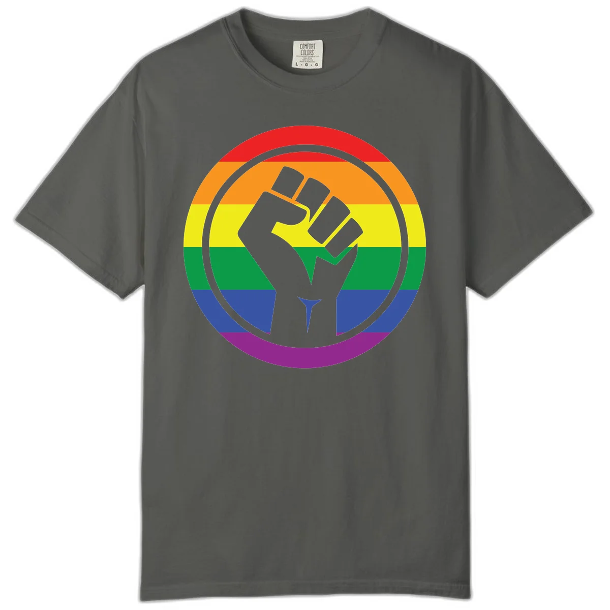 Raised fist silhouette on rainbow pride stripes within circular badge design symbolizing LGBTQ+ solidarity and activism in Pepper