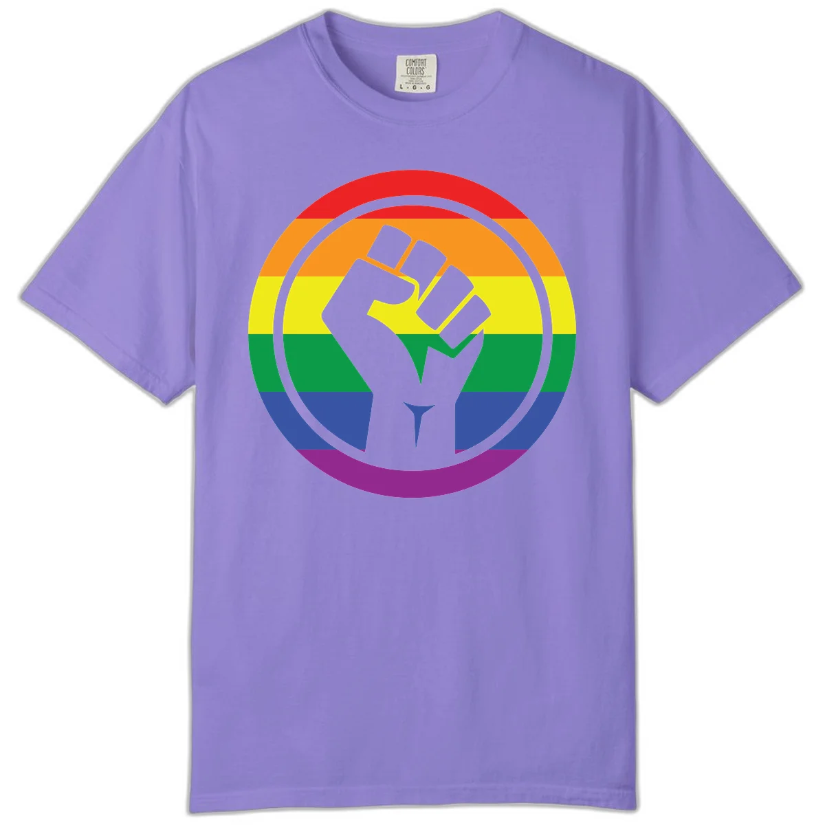 Raised fist silhouette on rainbow pride stripes within circular badge design symbolizing LGBTQ+ solidarity and activism in Violet
