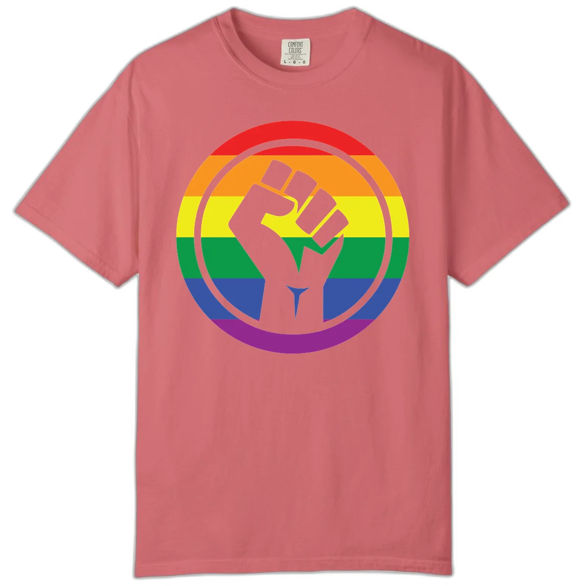 Raised fist silhouette on rainbow pride stripes within circular badge design symbolizing LGBTQ+ solidarity and activism in Watermelon