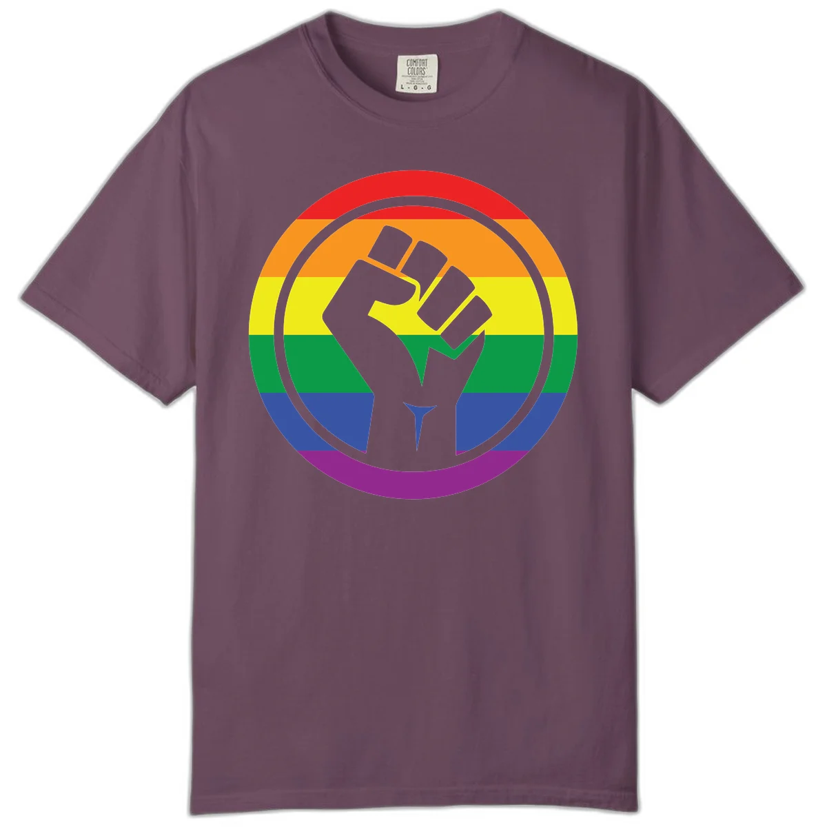 Raised fist silhouette on rainbow pride stripes within circular badge design symbolizing LGBTQ+ solidarity and activism in Berry