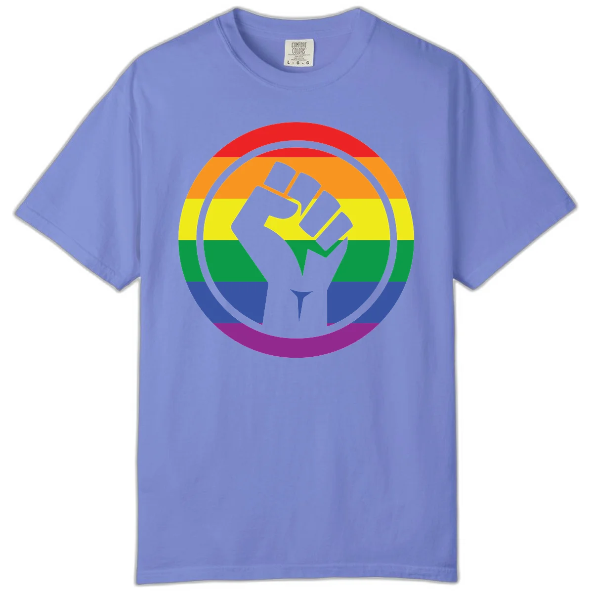 Raised fist silhouette on rainbow pride stripes within circular badge design symbolizing LGBTQ+ solidarity and activism in Flo Blue