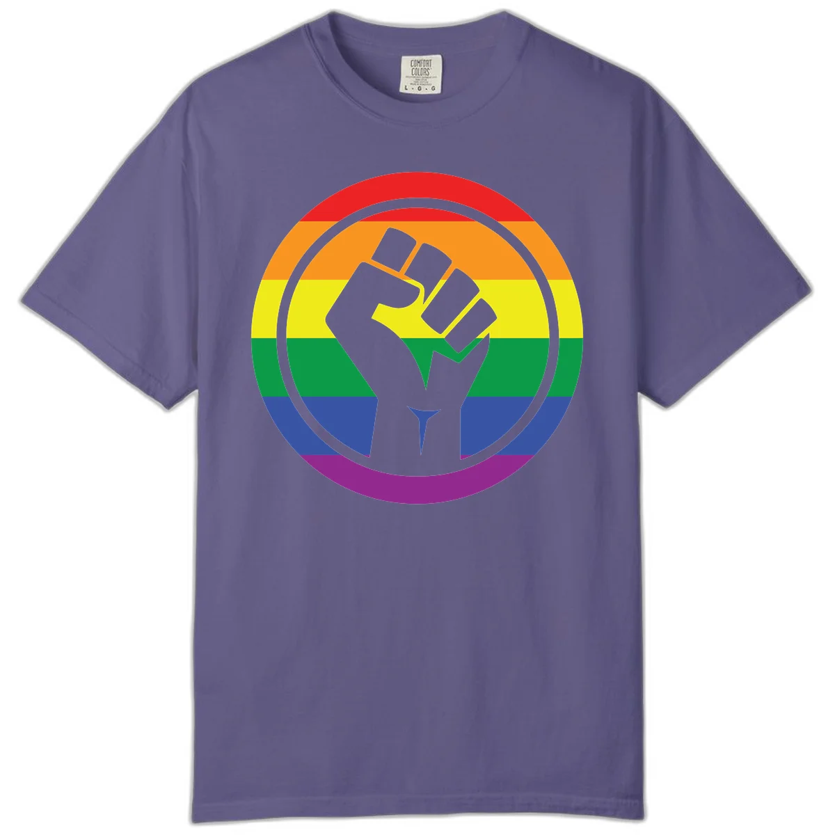 Raised fist silhouette on rainbow pride stripes within circular badge design symbolizing LGBTQ+ solidarity and activism in Grape