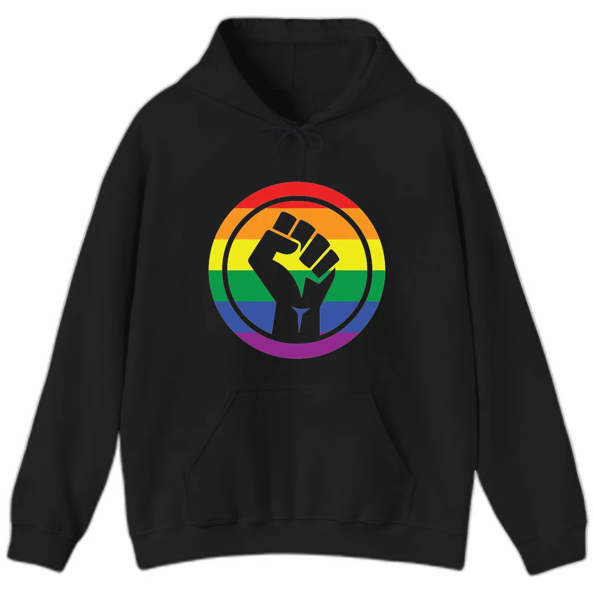 Raised fist silhouette on rainbow pride stripes within circular badge design symbolizing LGBTQ+ solidarity and activism in Black