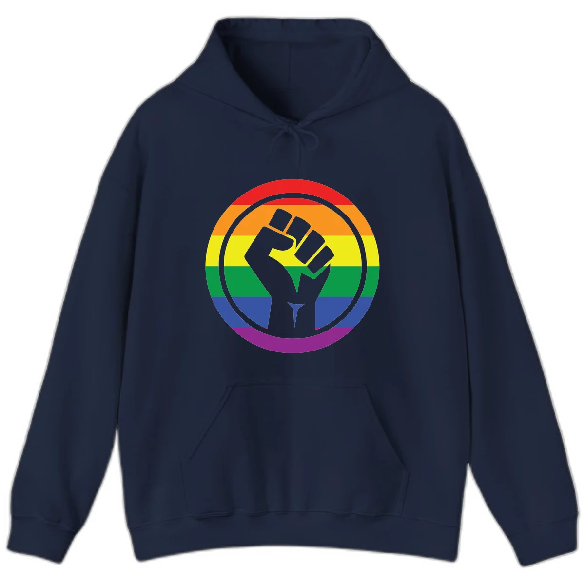Raised fist silhouette on rainbow pride stripes within circular badge design symbolizing LGBTQ+ solidarity and activism in Navy