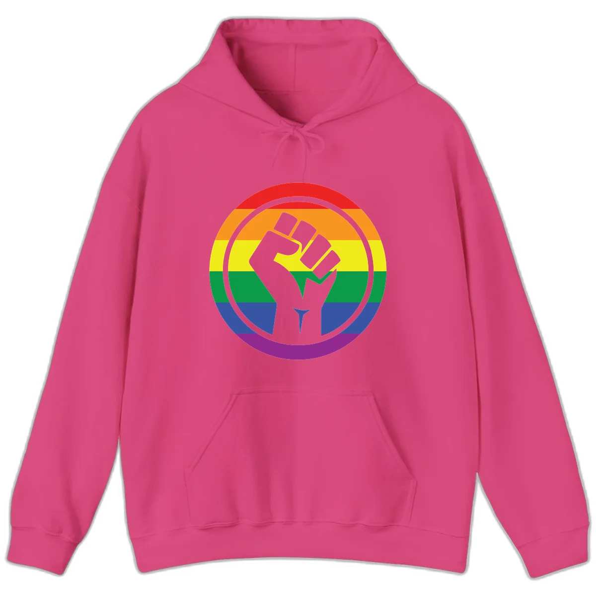 Raised fist silhouette on rainbow pride stripes within circular badge design symbolizing LGBTQ+ solidarity and activism in Heliconia