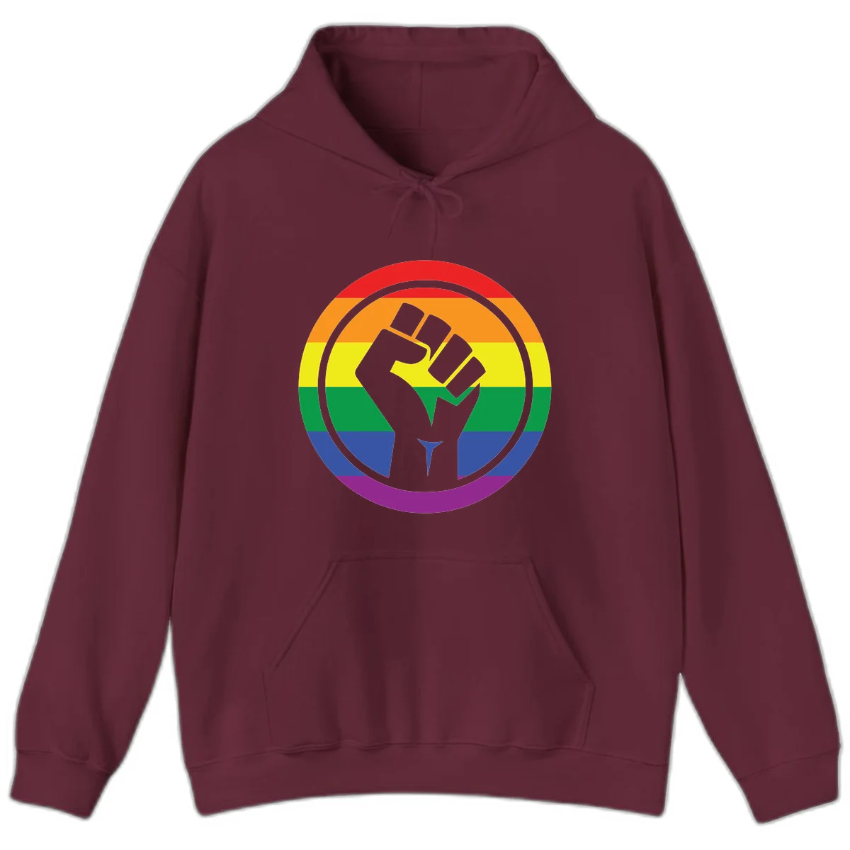 Raised fist silhouette on rainbow pride stripes within circular badge design symbolizing LGBTQ+ solidarity and activism in Maroon