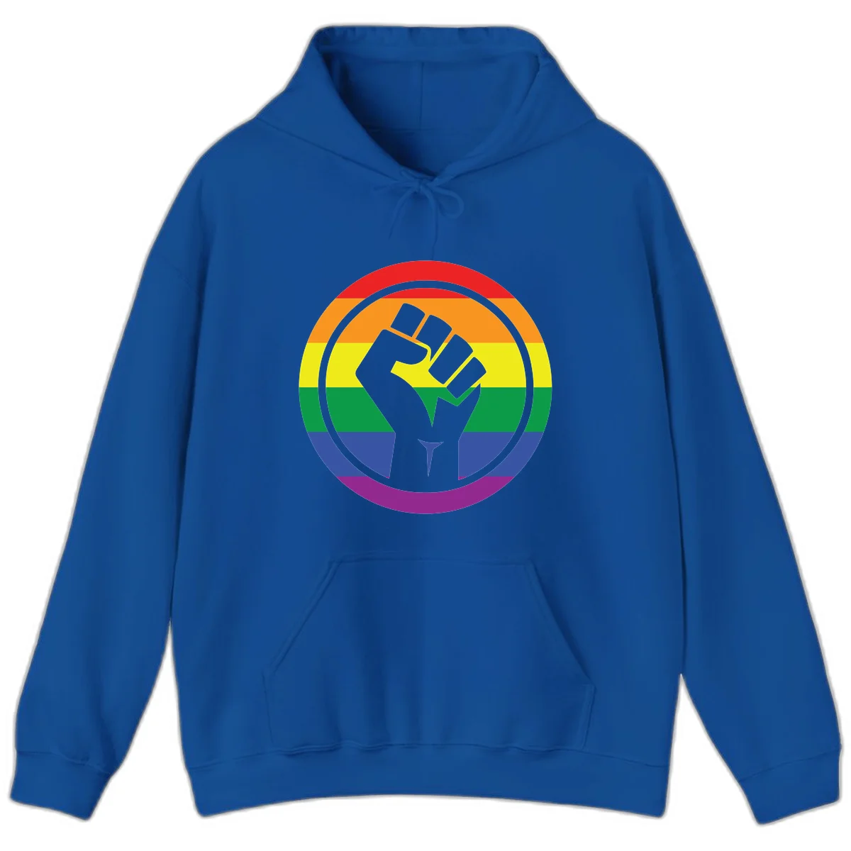 Raised fist silhouette on rainbow pride stripes within circular badge design symbolizing LGBTQ+ solidarity and activism in Royal