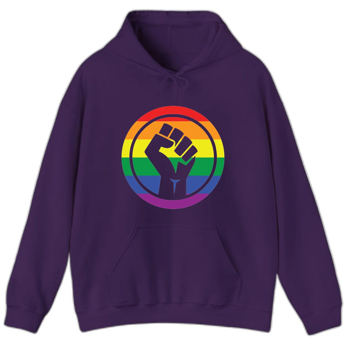 Raised fist silhouette on rainbow pride stripes within circular badge design symbolizing LGBTQ+ solidarity and activism in Purple