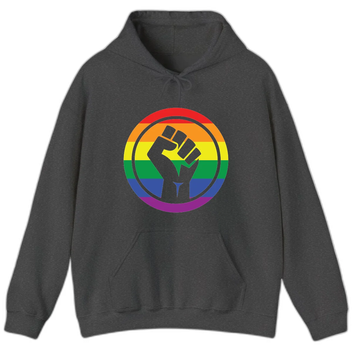 Raised fist silhouette on rainbow pride stripes within circular badge design symbolizing LGBTQ+ solidarity and activism in Dark Heather