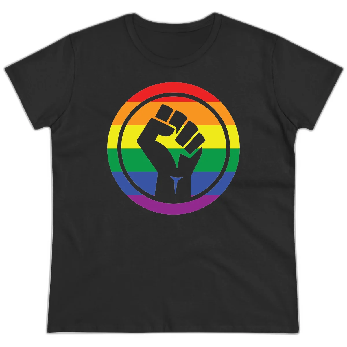 Raised fist silhouette on rainbow pride stripes within circular badge design symbolizing LGBTQ+ solidarity and activism in Black