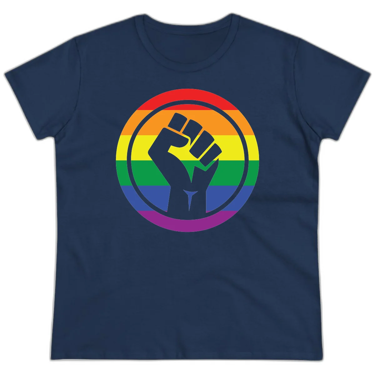Raised fist silhouette on rainbow pride stripes within circular badge design symbolizing LGBTQ+ solidarity and activism in Navy