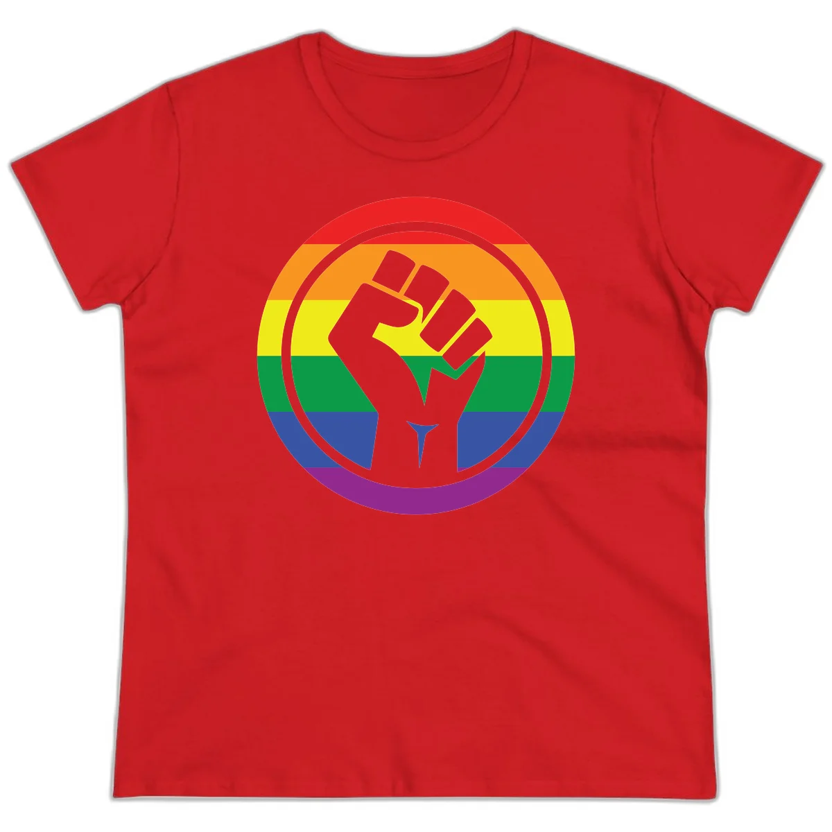 Raised fist silhouette on rainbow pride stripes within circular badge design symbolizing LGBTQ+ solidarity and activism in Red