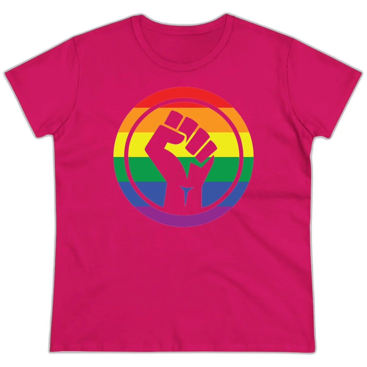 Raised fist silhouette on rainbow pride stripes within circular badge design symbolizing LGBTQ+ solidarity and activism in Heliconia